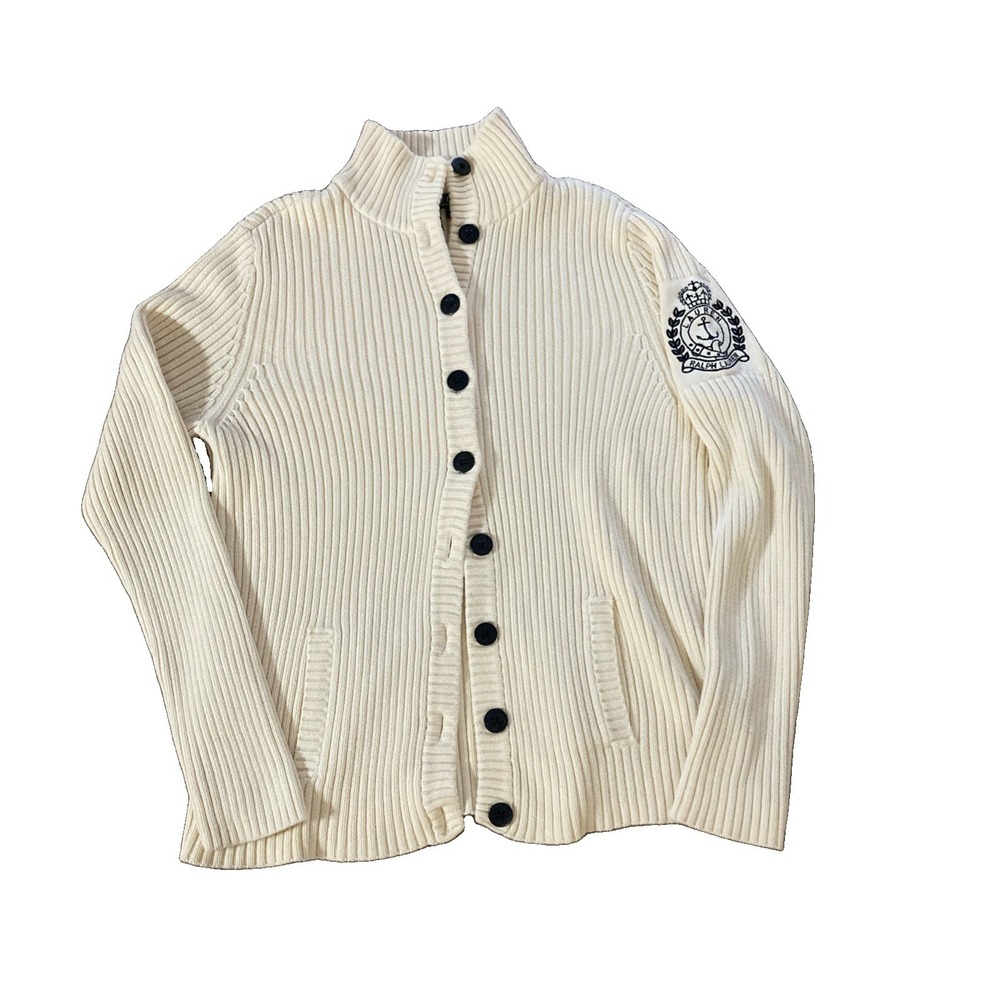 VTG Lauren Ralph Lauren Ribbed Cardigan Womens Sz XL Cream Embroidered Crest